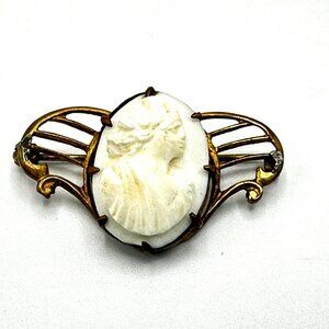 Antique Shell Cameo Brooch—Victorian Era Hand-Carved, Unique Winged Pin —EUC